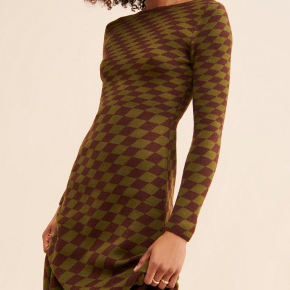 Grid Print Midi Sweater Dress